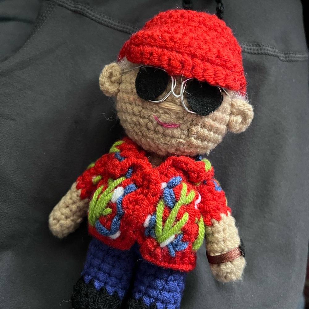 Amigurumi Crochet Doll with Red Hat and red Hawaiian shirt